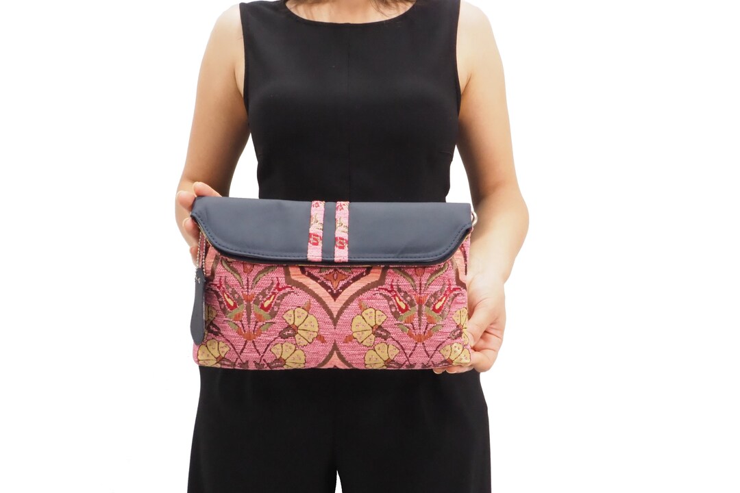 Pink dhaka handcrafted Semi circle crossbody clutch bag for women