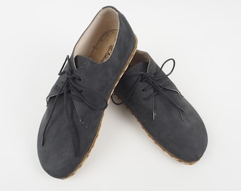 Mens Oxford Shoes, Barefoot  Dark Gray Nubuck Shoes, Zero Drop Shoes, Grounding Sole, Turkish Shoes, Wide Toe Box Slip-Ons,Mens Wider Shoes