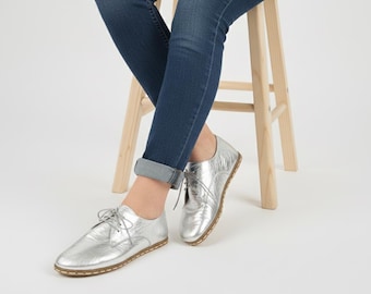 Handmade Barefoot Oxford Shoes for Women, Silver Turkish Leather Slip-Ons, Wide Toe Box, Zero Drop Minimalist Grounding | Silver