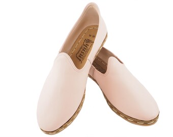 Handmade Turkish Leather Loafers for Men Ligth Pink Slip-On Shoes Elegant Style Comfortable Casual Dress Shoes Everyday Wear | V Pudra 1112