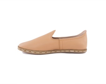 Handmade Turkish Leather Loafers for Woman Ligth Ocher Slip-On Shoes Elegant Comfortable Shoes | CantonPropolis