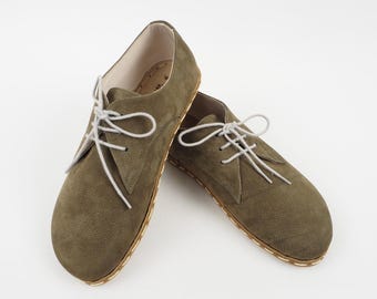 Mens Oxford Shoes, Barefoot Moss Green Nubuck Shoes, Zero Drop Shoes, Grounding Sole, Turkish Shoes, Wide Toe Box Slip-Ons,Mens Wider Shoes