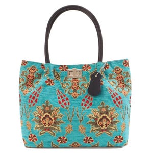 Frauenhandtasche, Türkisblau-Topkapi-Palast Tulip Muster Türkisch Chenille Stoff Damentasche, ID KCYC67, Echte Schaffell Ledertasche