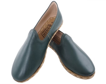 Handmade Mens Green Leather Yemeni Shoes: Turkish Loafers
