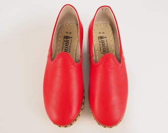 Handmade Women's Shoes, EU Size Red Handmade Shoes,Turkish Handmade Women's Shoes,Gift For Women,Women's Lather Loafer,Turkish Flat Shoes