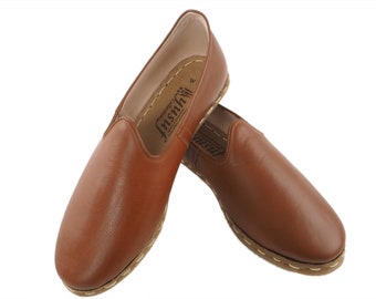 Handmade Turkish Leather Loafers for Men Medium Dark Brown Slip-On Shoes Elegant Style Comfortable Casual Dress Shoes | SortaTabaKRC