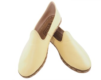 Handmade Turkish Leather Loafers for Men Creem Yellow Slip-On Shoes Elegant Style Comfortable Casual Dress Shoes Everyday Wear | V Limon1044
