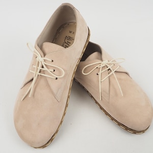 Barefoot Oxford Men Shoes, Grounding Shoes, Wide Toe Box, Genuine Leather Shoes, Leatherful Shoes, Leather Sole, Beige Nubuck Tie Shoe