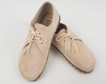 Mens Oxford Shoes, Barefoot  Beige Nubuck Shoes, Zero Drop Shoes, Grounding Sole, Turkish Shoes, Wide Toe Box Slip-Ons,Mens Wider Shoes