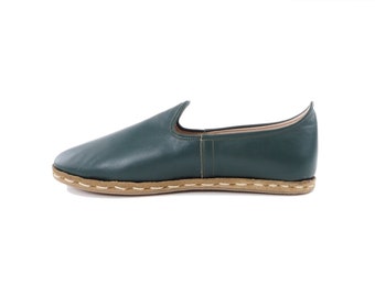 Handmade Green Leather Loafer Shoes: Turkish Yemeni Slip-Ons