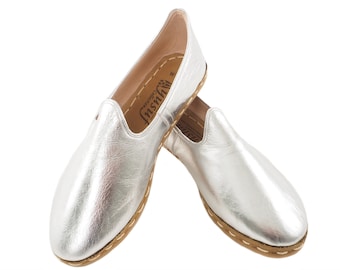 Mocassini turchi in pelle fatti a mano da uomo, scarpe slip-on argento, stile elegante, comode scarpe casual eleganti per tutti i giorni, Yemeni