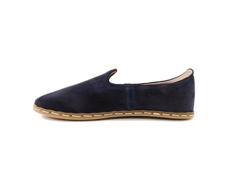 Women’s Dark Navy Blue Suede Leather Loafers, Slip On Barefoot Shoes | 237GucluTorınoLacıvert