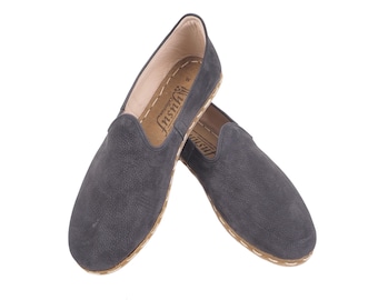 Men’s Gray Nubuck Leather Loafers Handmade, Slip On Barefoot Shoes, Zero Drop Comfort, Casual Elegant Footwear for Men