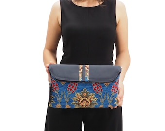 Leather Crossbody Bag,Leather Clutch Bag,Navy Blue Topkapi Palace Tulip Pattern Turkish Chenille Fabric Womens Bag,ID KCYC44,Leather Bag
