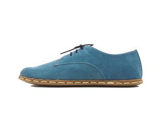 Handmade Barefoot Oxford Shoes for Women, Navy Blue Turkish Nubuck Leather Slip-Ons, Wide Toe Box, Zero Drop Grounding | ParlementDonte