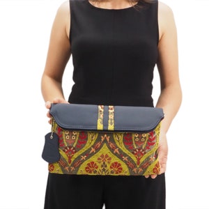Leather Crossbody Bag, Leather Clutch Bag, Pistachio Green Morocco Pattern Turkish Chenille Fabric Womens Bag, ID KCYC51, Lamb Leather Bag