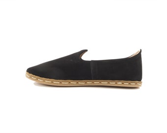 Women’s Black Suede Leather Loafers Handmade, Slip On Barefoot Shoes, Zero Drop Comfort | SolettoSiyahGuclu