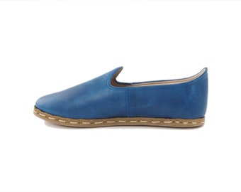 Mocassini turchi in pelle fatti a mano da donna, blu antico, scarpe slip-on dallo stile elegante / GulMavisi