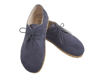 Mens Oxford Shoes,Barefoot Dark Navy Blue Nubuck Shoes,Zero Drop Shoes,Grounding Sole, Turkish Shoes, Wide Toe Box Slip-Ons,Mens Wider Shoes