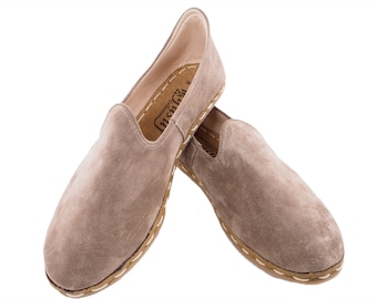 Men’s Greige Suede Leather Loafers Handmade, Slip On Barefoot Shoes, Zero Drop, Casual Elegant Footwear for Men | TorinoSughero173Guclu