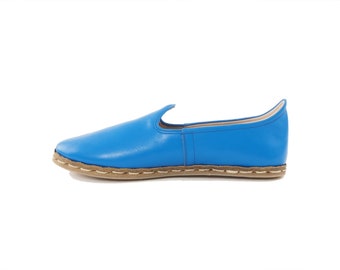 Mocassini turchi in pelle fatti a mano da donna, colore azzurro cielo, scarpe slip-on eleganti e casual /sdn-MolarcoMavi