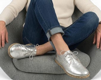 Men's Silver Barefoot Shoes - Turkish Leather Oxfords - Grounding Earthing Soles - Wide Toe Box Slip-Ons