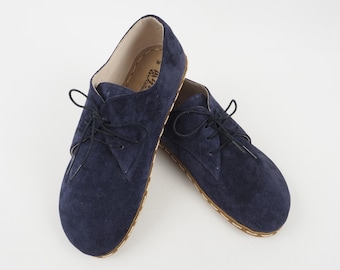 Mens Oxford Shoes,Barefoot Dark Navy Blue Suede Shoes,Zero Drop Shoes, Grounding Sole, Turkish Shoes, Wide Toe Box Slip-Ons,Mens Wider Shoes