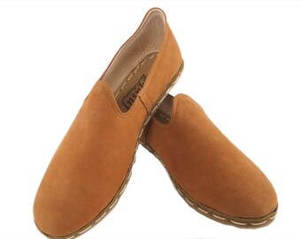 Men’s Brown Nubuck Leather Loafers Handmade, Slip On Barefoot Shoes, Zero Drop Comfort, Casual Elegant Footwear for Men | UygunerBotTaba