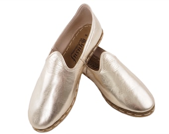 Handmade Turkish Leather Loafers for Men Gold Slip-On Shoes Elegant Style Comfortable Casual Dress Shoes Everyday Wear | Tartufe Gol