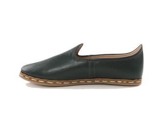 Handmade Turkish Leather Loafers for Women Viridian Green Slip-On Shoes Elegant Style Comfortable Casual Dress Shoes | OrdekBasiYesil