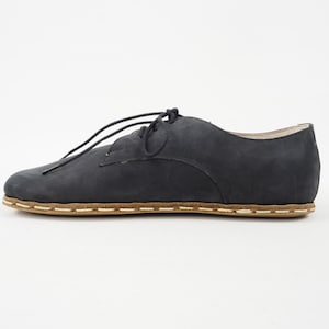 Barefoot Oxford Women Shoes, Grounding Shoes, Wide Toe Box, Genuine Leather Shoes, Leatherful Shoes, Leather Sole, Dark Gray Nubuck Tie Shoe