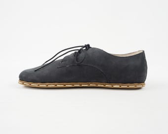 Handmade Barefoot Oxford Shoes for Women, Dark Gray Turkish Nubuck Leather Slip-Ons, Wide Toe Box, Zero Drop Minimalist Grounding