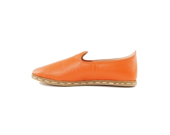 Handmade Turkish Leather Loafers for Women Orange Slip-On Shoes Elegant Comfortable Casual Shoes |CihanHermesTuruncu