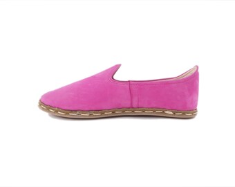 Mocassins rose en cuir nubuck pour femme faits main, chaussures à enfiler pieds nus, chaussures pour femme | Botte Uyguner Pembe
