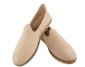 Men’s Cream Nubuck Leather Loafers Handmade, Slip On Barefoot Shoes, Zero Drop Comfort, Casual Elegant Footwear for Men | DentaBej