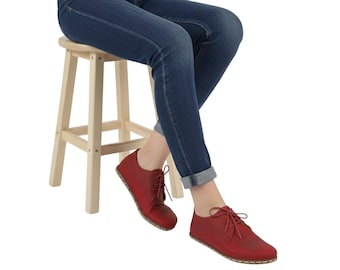 Handmade Barefoot Oxford Shoes for Women, Red Brown Turkish Leather Slip-Ons, Wide Toe Box, Zero Drop Minimalist Grounding | GulKirmizi