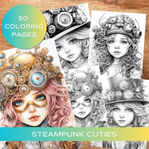 Steampunk Cuties: Steam Age Girls Fantasy Coloring Book Grayscale Printable Coloring Pages for Adults Digital Download