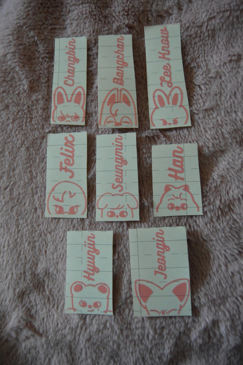 May include: Eight stickers with different animal illustrations and names written in pink. The names are: Changbin, Bangchan, Lee Know, Felix, Seungmin, Han, Hyunjin, and Jeongin.