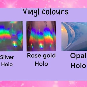 K&ouml;nnte beinhalten: Drei Muster von holografischem Vinyl in Silber, Ros&eacute;gold und Opal. Der Text "Vinyl colours" befindet sich oben im Bild.