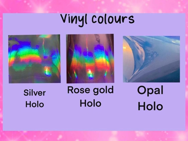 K&ouml;nnte beinhalten: Drei Muster von holografischem Vinyl in Silber, Ros&eacute;gold und Opal. Der Text "Vinyl colours" befindet sich oben im Bild.