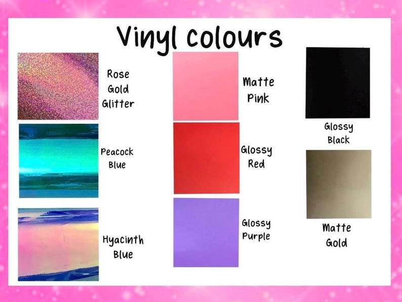 K&ouml;nnte beinhalten: Eine Tabelle mit verschiedenen Vinylfarben f&uuml;r Bastelprojekte. Die Farben umfassen Ros&eacute;gold-Glitter, Pfauenblau, Hyazinthenblau, Mattes Rosa, Gl&auml;nzendes Rot, Gl&auml;nzendes Lila, Gl&auml;nzendes Schwarz und Mattes Gold.