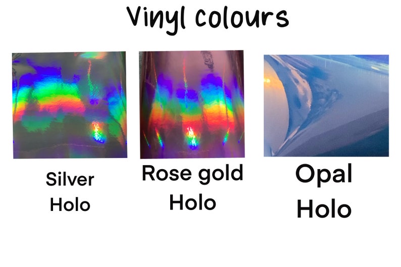 May include: Three samples of holographic vinyl in silver, rose gold, and opal colors. The vinyl is iridescent and reflects light in a rainbow of colors.