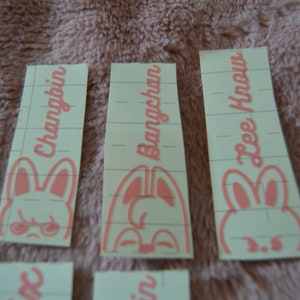 May include: Three pink and white stickers with bunny illustrations and the names "Changbin", "Bangchan", and "Lee Know" written in pink cursive.