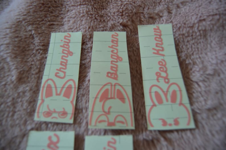 May include: Three pink and white stickers with bunny illustrations and the names "Changbin", "Bangchan", and "Lee Know" written in pink cursive.