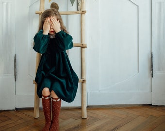 Emerald corduroy girl dress, Cotton toddler dress with сollar, Boho winter outfit