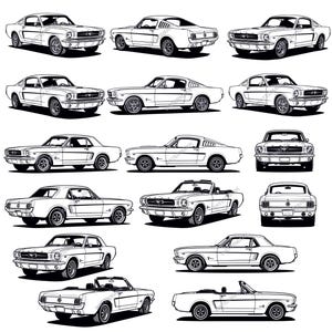 Puede incluir: Ilustraciones en blanco y negro de coches Ford Mustang clásicos, en varias vistas. La colección incluye cupés, descapotables y diferentes ángulos del icónico vehículo. Ideal para entusiastas del automóvil y amantes de los coches antiguos.