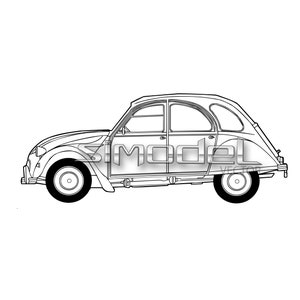 2CV Citroen side view line art, car vector svg,ai,dxf, png