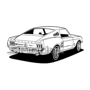 Ford Mustang 1967 BACK view svg,eps,ai,dxf, png, jpg + floor shadow & silhouette outline
