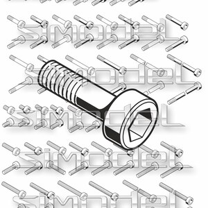 Puede incluir: Ilustración en blanco y negro de varios tornillos de cabeza hueca. La imagen presenta un tornillo grande y detallado en el centro, rodeado de tornillos más pequeños de diferentes tamaños y estilos. Los tornillos están dispuestos sobre un fondo blanco.