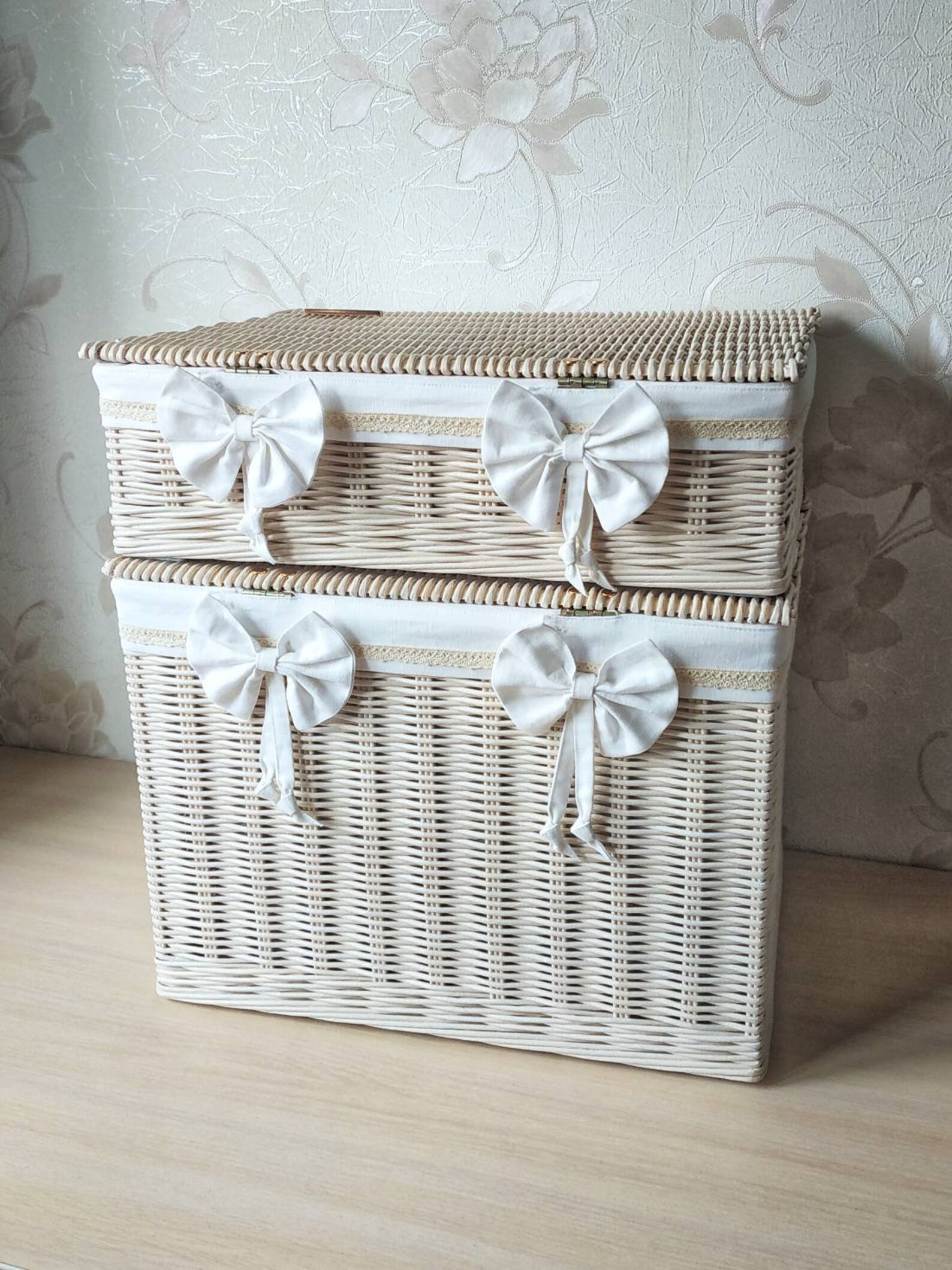 Juego de 2 cestas cuadradas beige de mimbre con tapa Cestas | Etsy